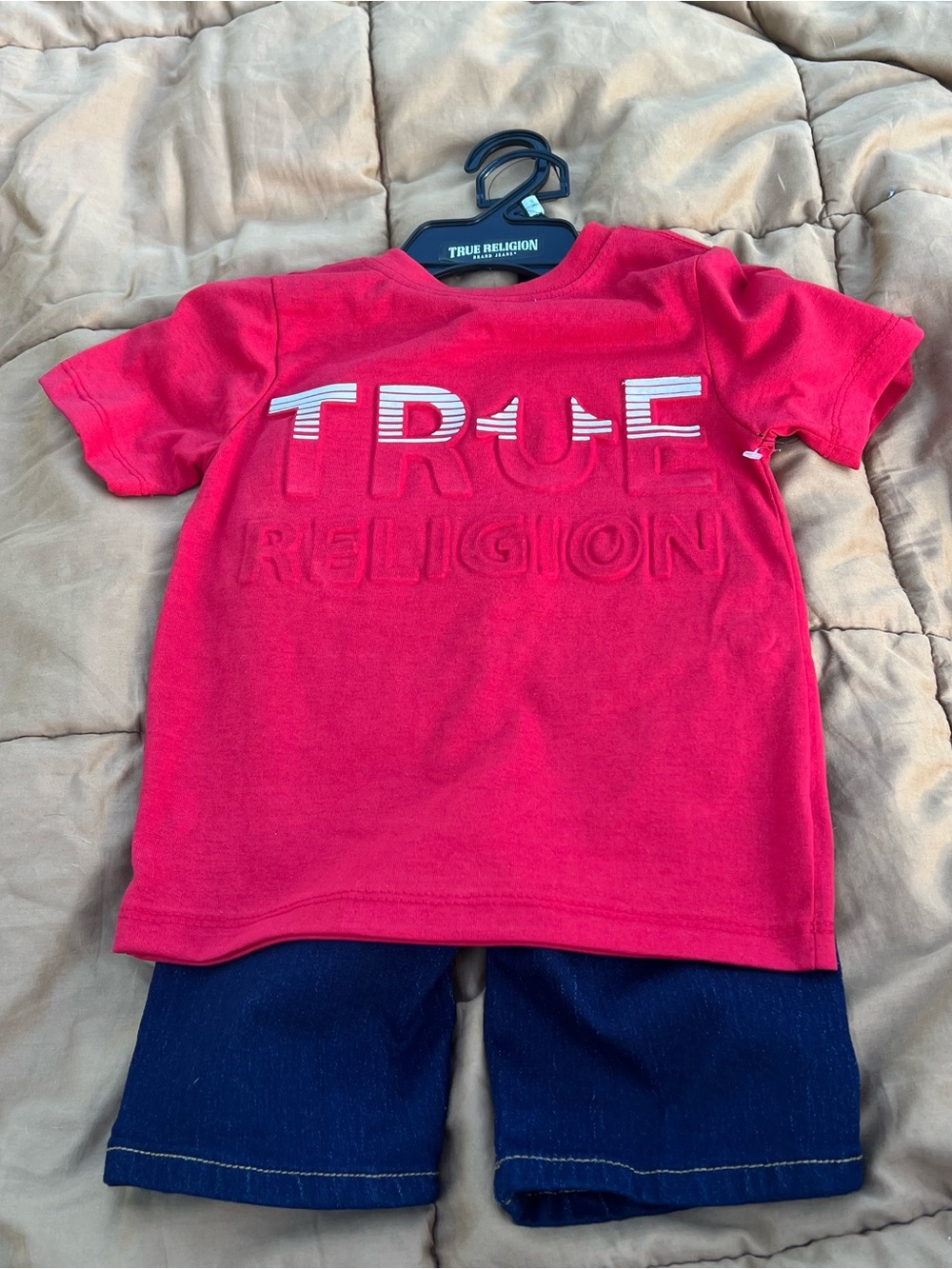True Religion Kids Red Embossed Logo Tee & Long Denim Shorts Matching Set NWT